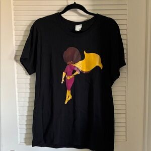Femme Black Graphic Superhero Tee with Yellow Accent